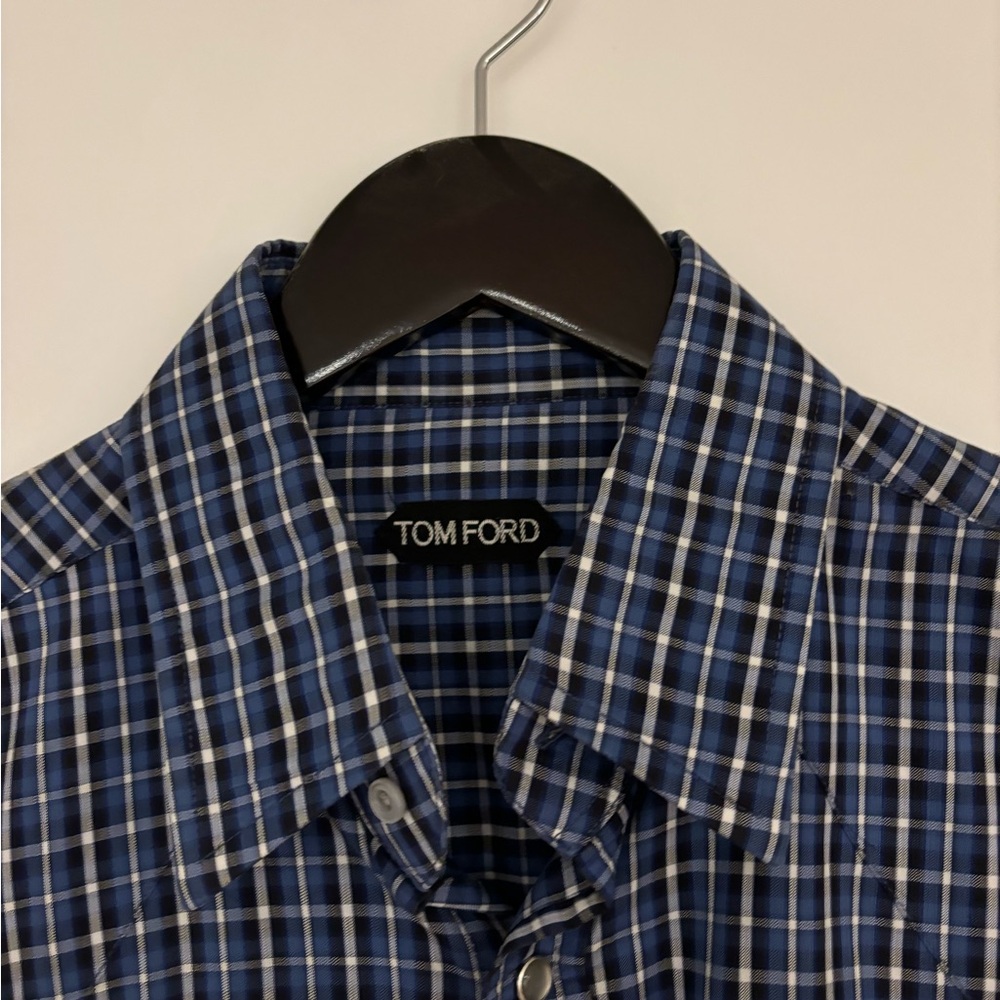 Tom ford long sleeve pearl button down blue plaid